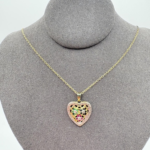 Source Unknown Jewelry - Sterling Silver 925 Gold Tone Heart Pendant Necklace Flower Stones 18in